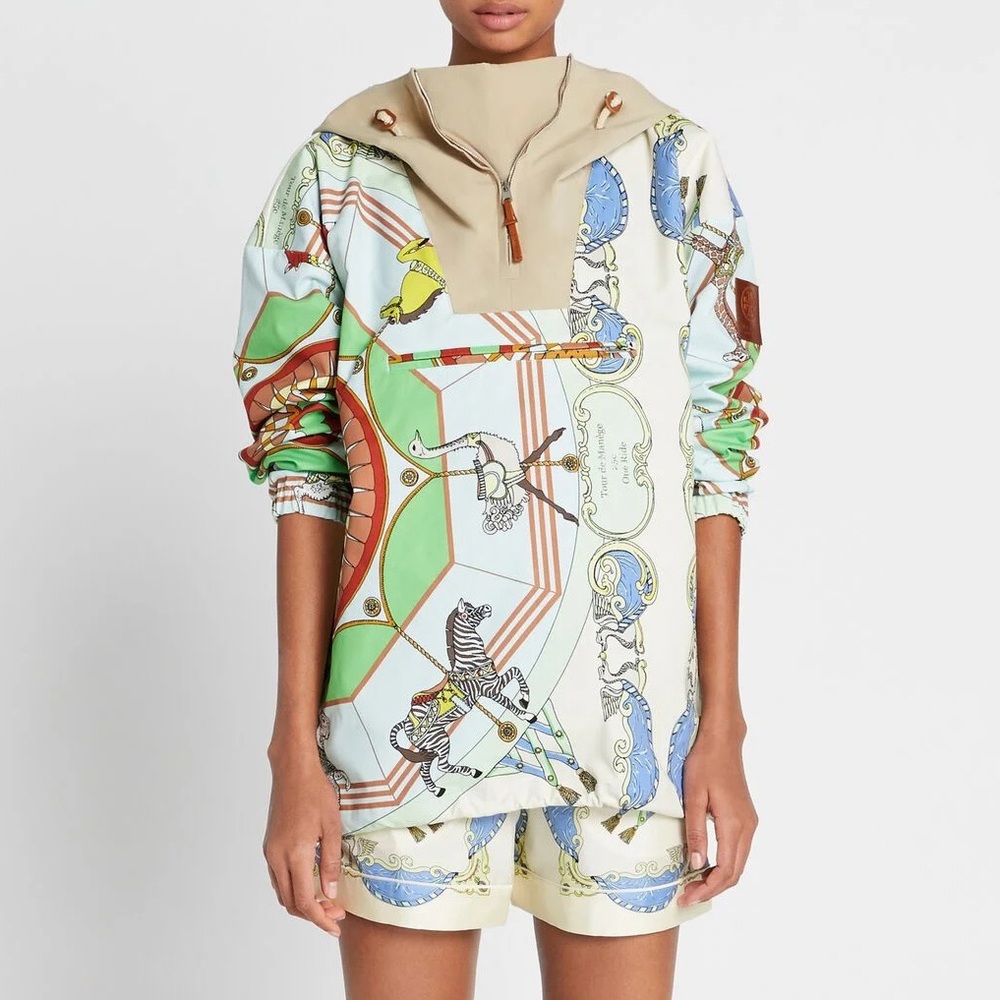 Tory Burch Carousel Printed Half Zip Anorak Jacket Animal Blue Carnival Hood M